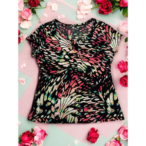 Worthington Hippie Butterfly Blouse Womens XL Multicolor Cap Sleeves Career Top